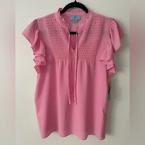 CeCe Smocked Tie-Neck Flutter-Sleeve Top
